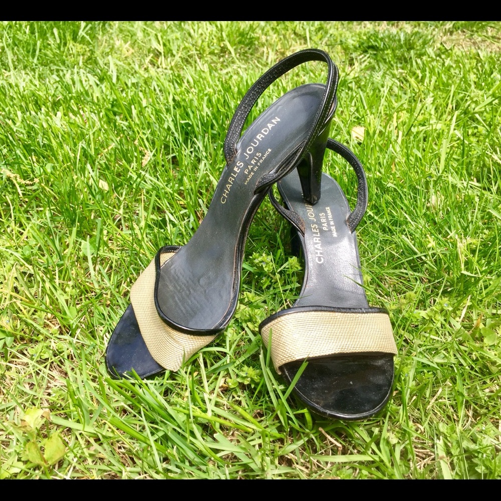 Black and gold designer sling back heels